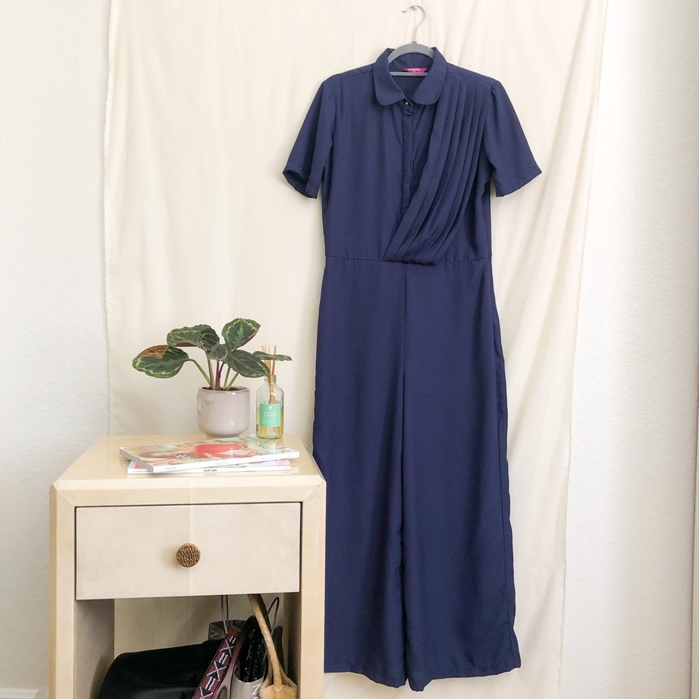 Marie Claire Navy Pleated Button Up Jumpsuit